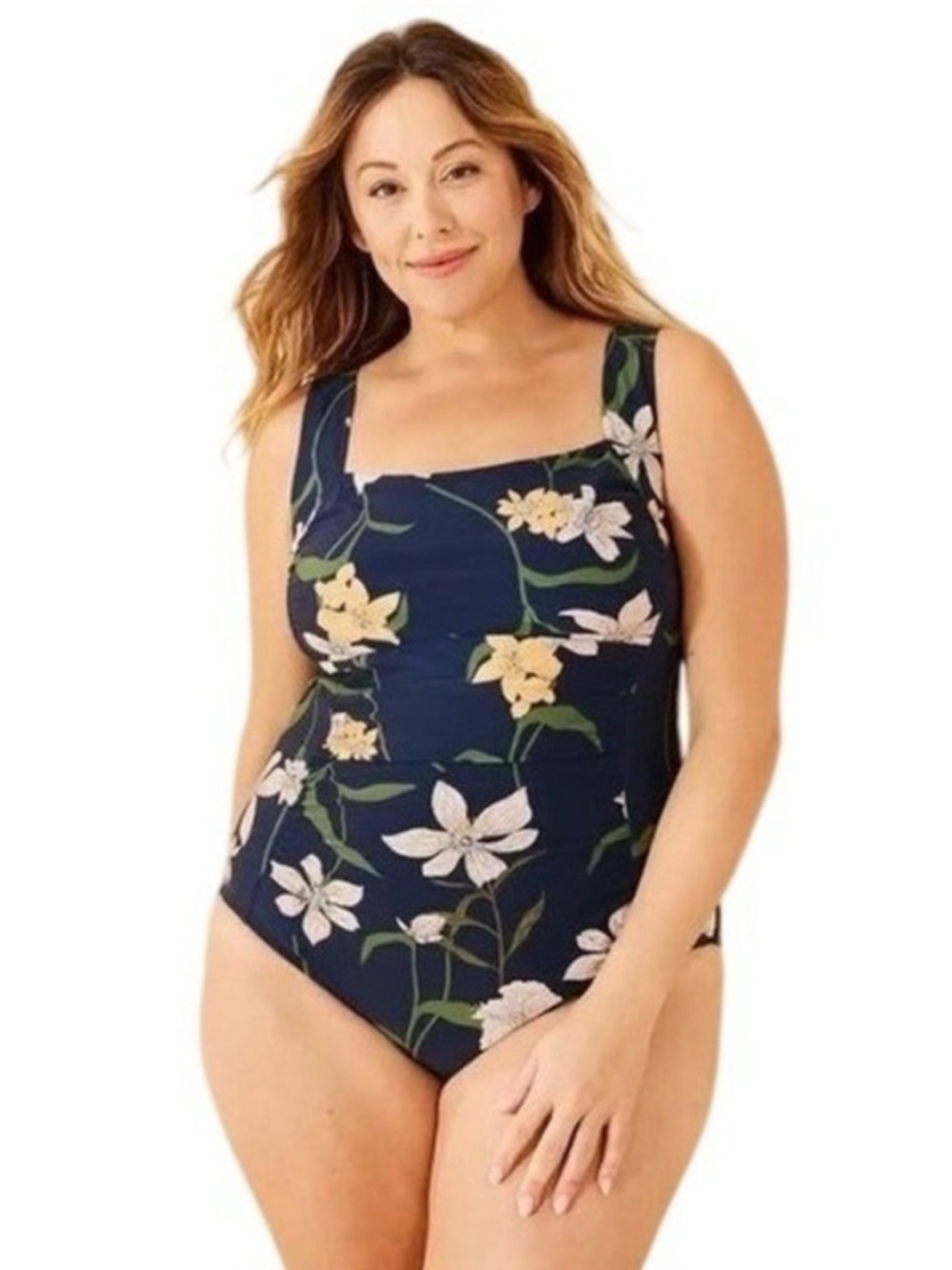Tummy Control One Piece Swimsuit Blue Tropical Ruched Bathing Suit Plus Size 16